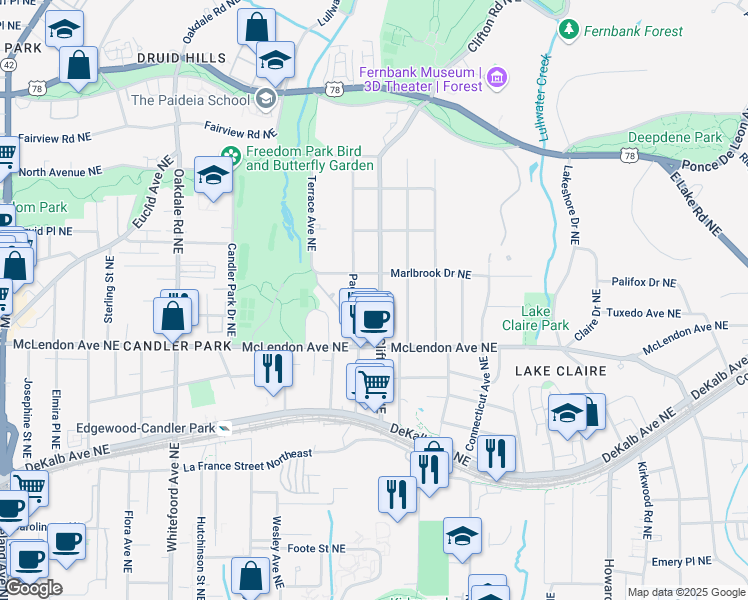 map of restaurants, bars, coffee shops, grocery stores, and more near 452 Clifton Road Northeast in Atlanta
