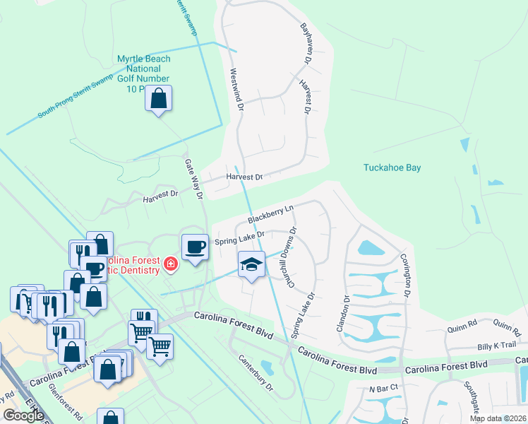 map of restaurants, bars, coffee shops, grocery stores, and more near 422 Blackberry Lane in Myrtle Beach
