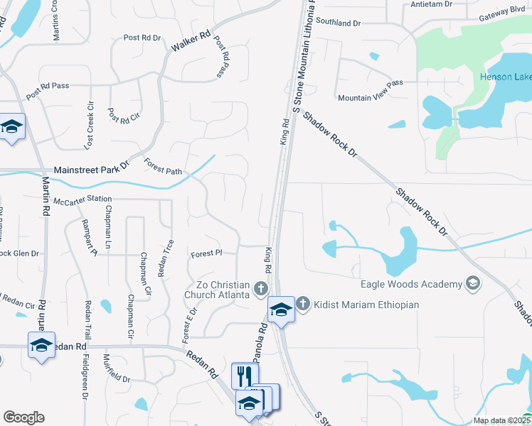 map of restaurants, bars, coffee shops, grocery stores, and more near 5450 Farmview Close in Stone Mountain