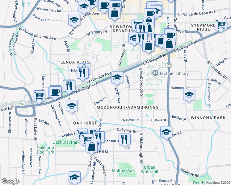 map of restaurants, bars, coffee shops, grocery stores, and more near 153 Kings Highway in Decatur