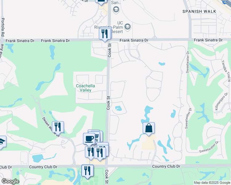 map of restaurants, bars, coffee shops, grocery stores, and more near 624 Vista Lago Circle North in Palm Desert