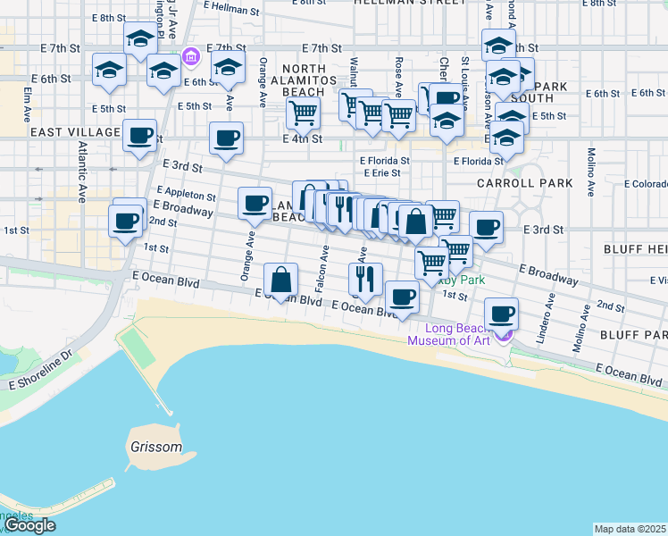 map of restaurants, bars, coffee shops, grocery stores, and more near 1517 East 1st Street in Long Beach