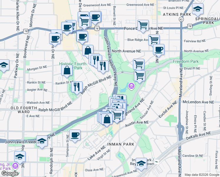 map of restaurants, bars, coffee shops, grocery stores, and more near 821 Ralph McGill Boulevard Northeast in Atlanta