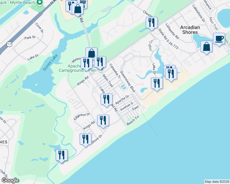 map of restaurants, bars, coffee shops, grocery stores, and more near 505 Apache Drive in Myrtle Beach