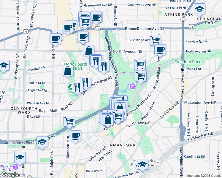map of restaurants, bars, coffee shops, grocery stores, and more near 400 Village Parkway in Atlanta