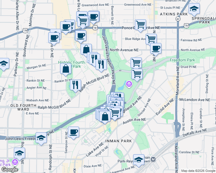 map of restaurants, bars, coffee shops, grocery stores, and more near 400 Village Parkway in Atlanta