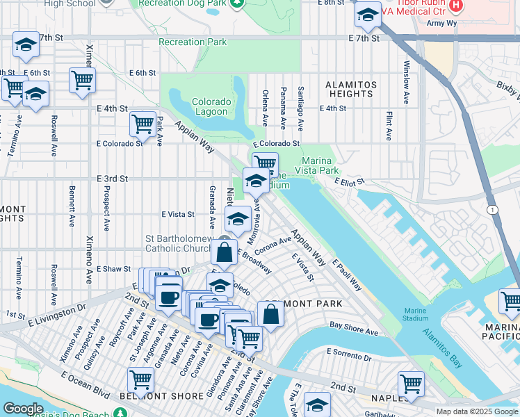 map of restaurants, bars, coffee shops, grocery stores, and more near 360 Monrovia Avenue in Long Beach
