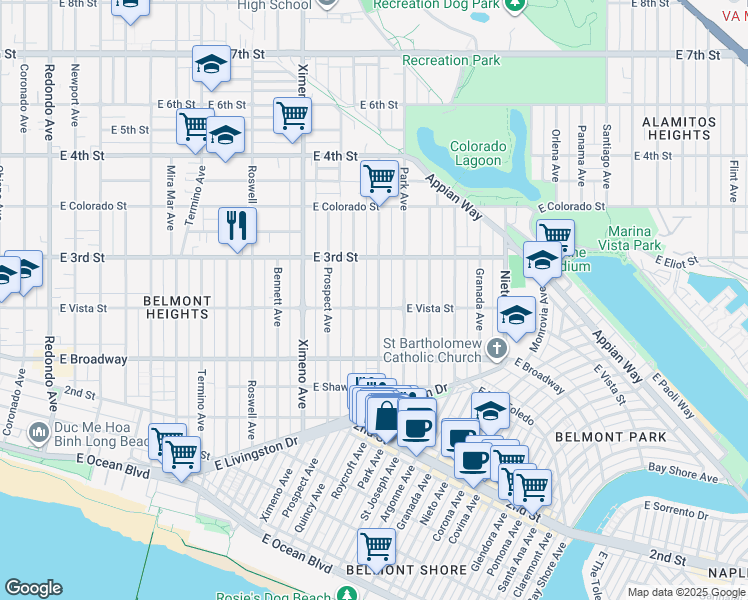 map of restaurants, bars, coffee shops, grocery stores, and more near 253 Roycroft Avenue in Long Beach