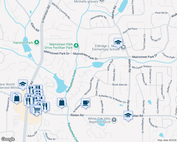 map of restaurants, bars, coffee shops, grocery stores, and more near 937 Parkwest Lane in Stone Mountain