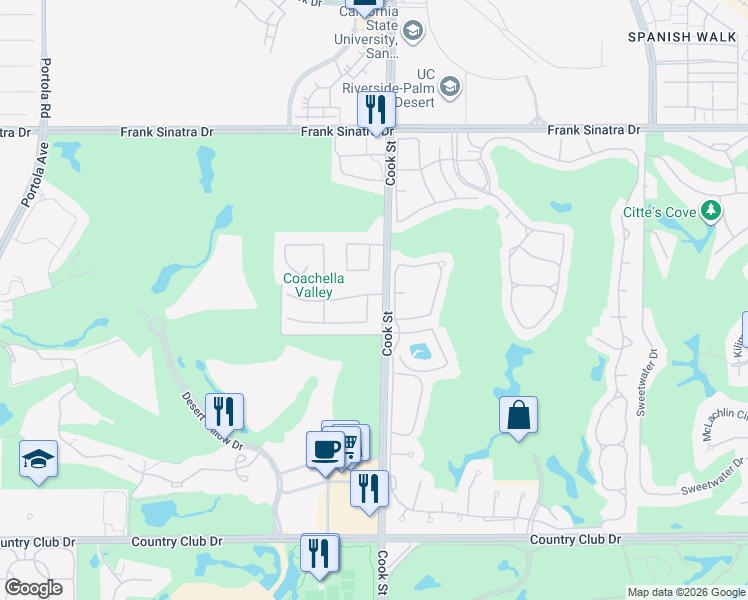 map of restaurants, bars, coffee shops, grocery stores, and more near 2 Brentwood Way in Palm Desert