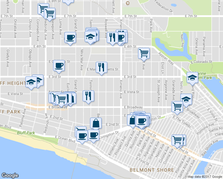 map of restaurants, bars, coffee shops, grocery stores, and more near 255 Bennett Avenue in Long Beach