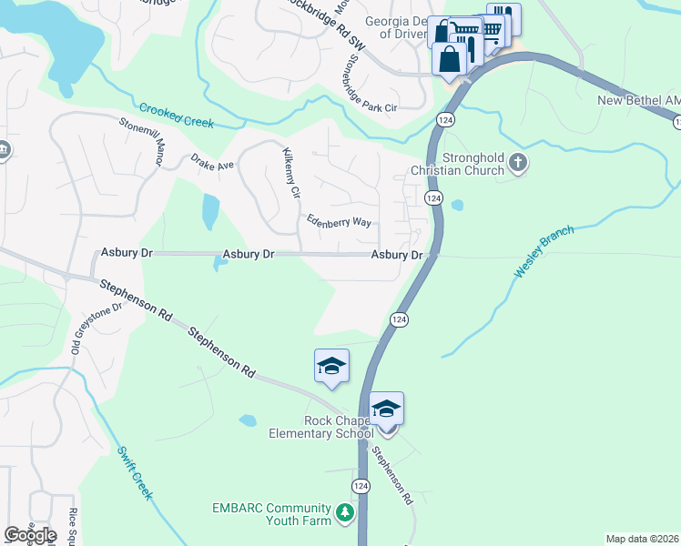 map of restaurants, bars, coffee shops, grocery stores, and more near 7501 Asbury Manor Drive in Lithonia