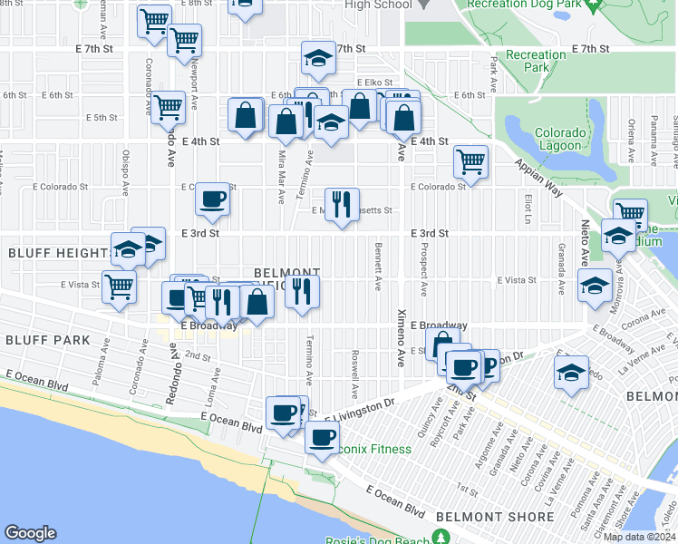 map of restaurants, bars, coffee shops, grocery stores, and more near 254 Belmont Avenue in Long Beach