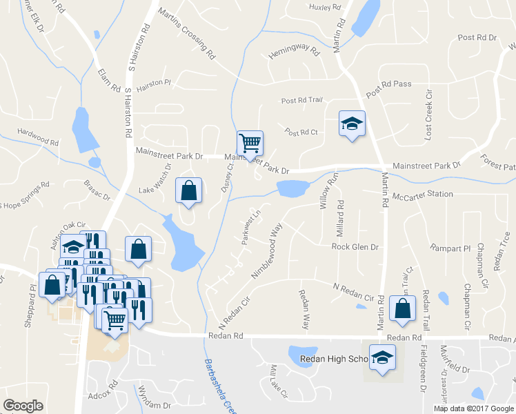 map of restaurants, bars, coffee shops, grocery stores, and more near 958 Parkwest Lane in Stone Mountain