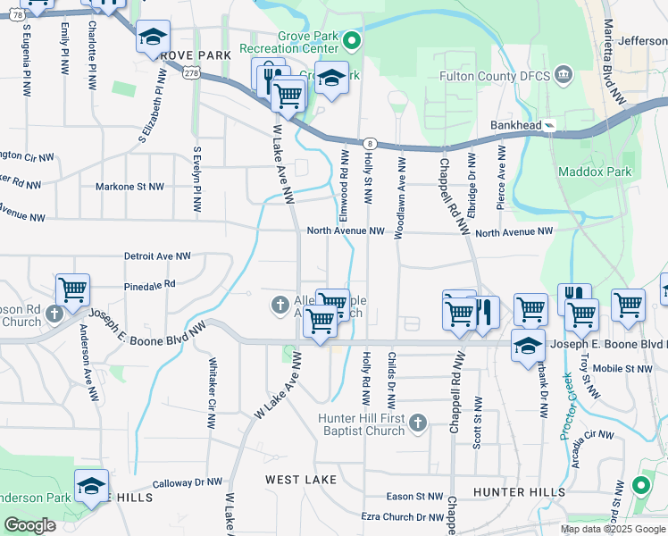 map of restaurants, bars, coffee shops, grocery stores, and more near 419 Lanier Street Northwest in Atlanta