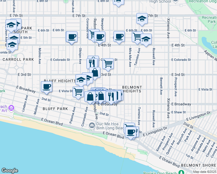 map of restaurants, bars, coffee shops, grocery stores, and more near 253 Loma Avenue in Long Beach