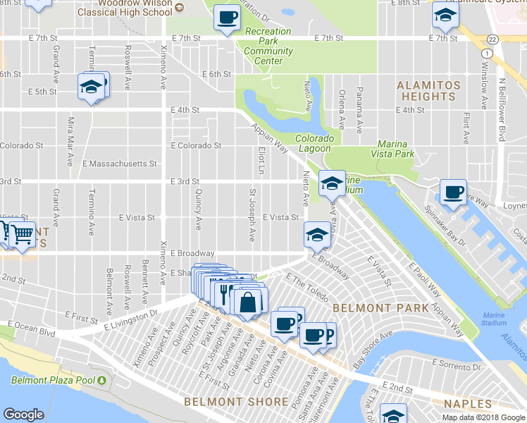 map of restaurants, bars, coffee shops, grocery stores, and more near 279 Argonne Avenue in Long Beach