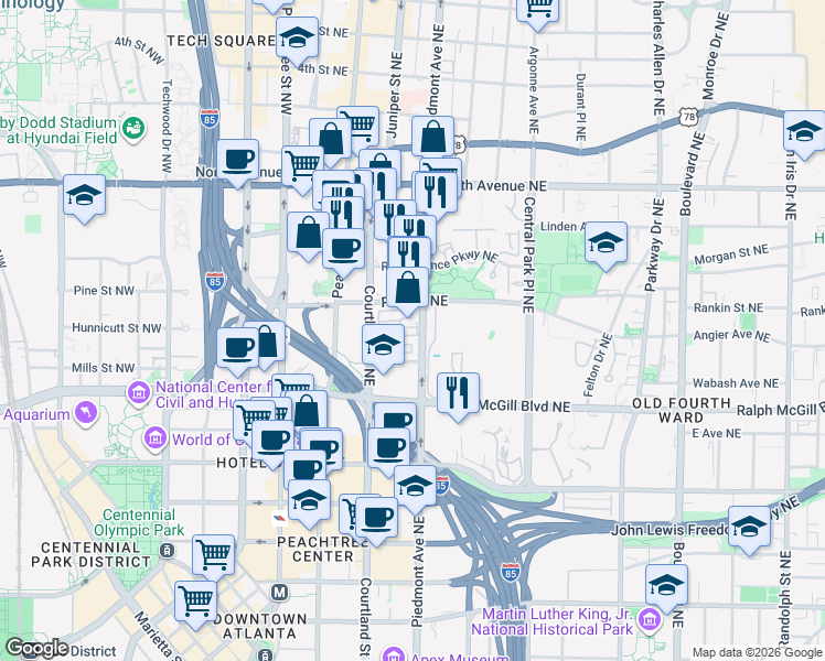 map of restaurants, bars, coffee shops, grocery stores, and more near 450 Piedmont Avenue Northeast in Atlanta