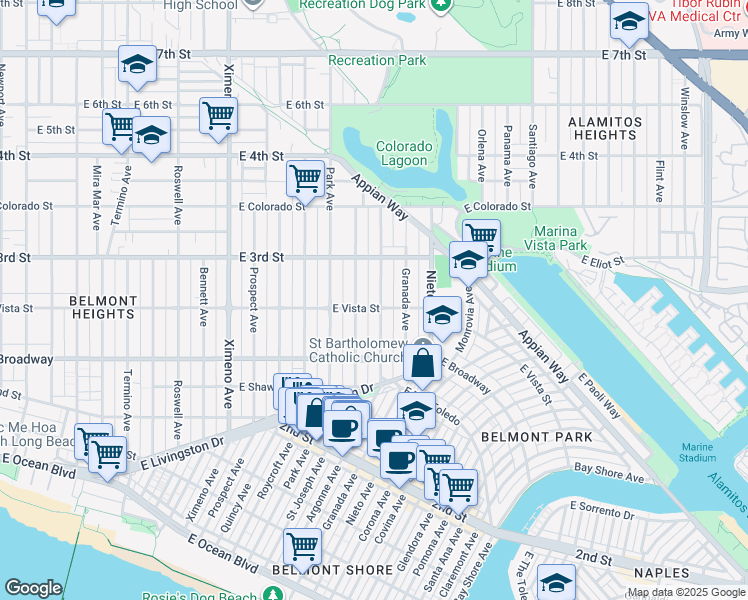 map of restaurants, bars, coffee shops, grocery stores, and more near 279 Argonne Avenue in Long Beach