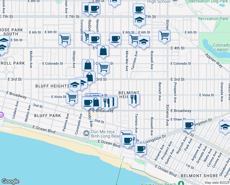 map of restaurants, bars, coffee shops, grocery stores, and more near 252 Euclid Avenue in Long Beach