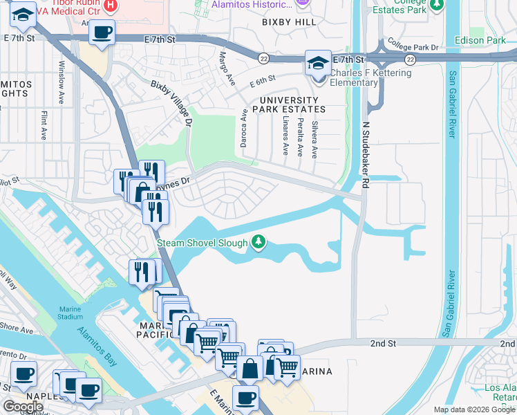 map of restaurants, bars, coffee shops, grocery stores, and more near 6272 East Marina View Drive in Long Beach