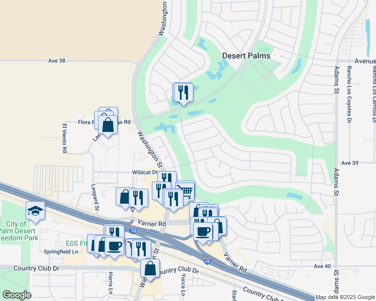 map of restaurants, bars, coffee shops, grocery stores, and more near 38865 Ryans Way in Palm Desert