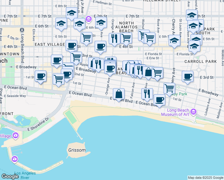 map of restaurants, bars, coffee shops, grocery stores, and more near 1250 East 1st Street in Long Beach