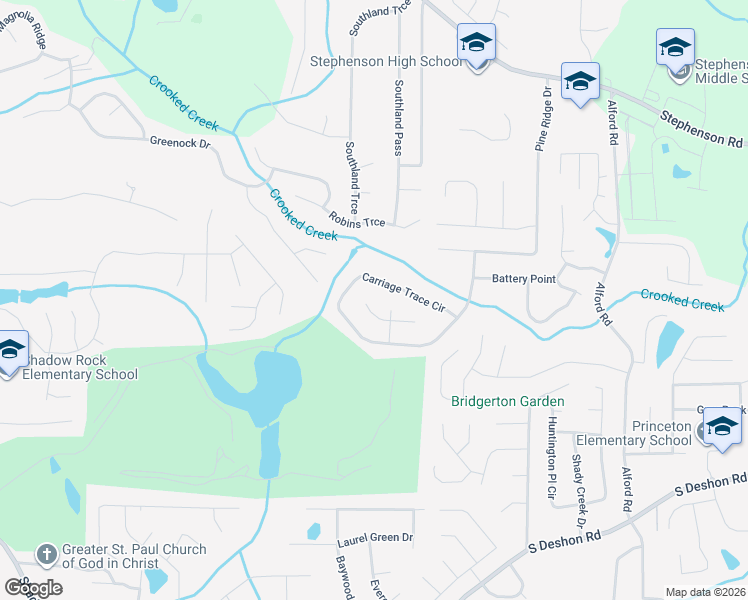 map of restaurants, bars, coffee shops, grocery stores, and more near 6338 Carriage Crossing in Stone Mountain