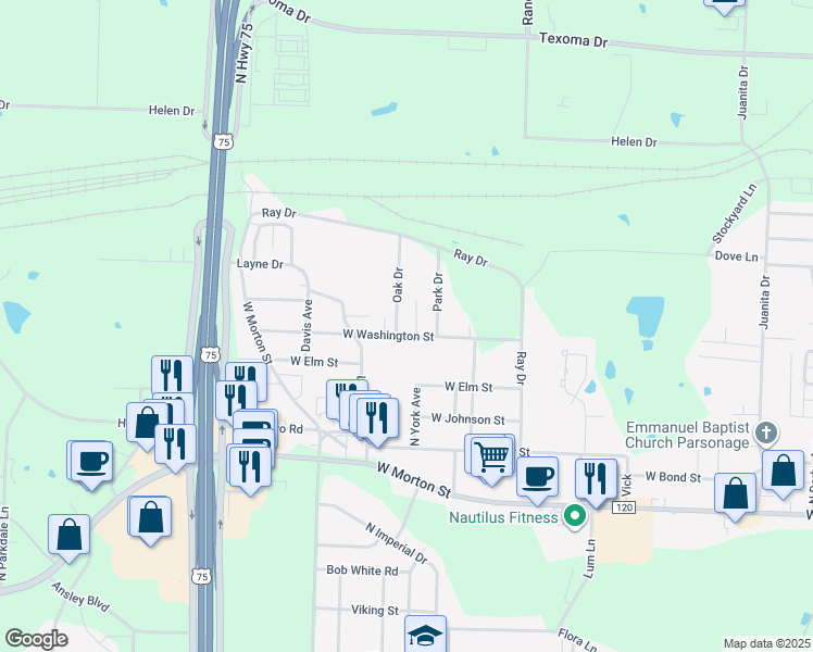 map of restaurants, bars, coffee shops, grocery stores, and more near 2705 W Washington St in Denison