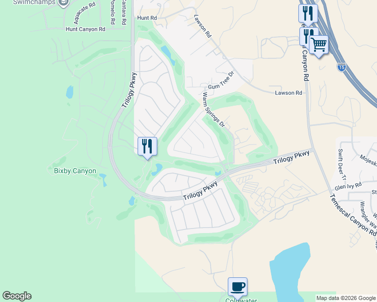 map of restaurants, bars, coffee shops, grocery stores, and more near 24345 Big Bear Lane in Corona