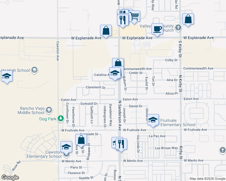 map of restaurants, bars, coffee shops, grocery stores, and more near 3385 Claremont Street in Hemet