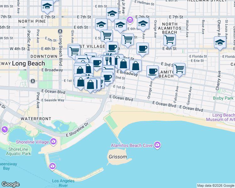 map of restaurants, bars, coffee shops, grocery stores, and more near 14 North Alboni Place in Long Beach