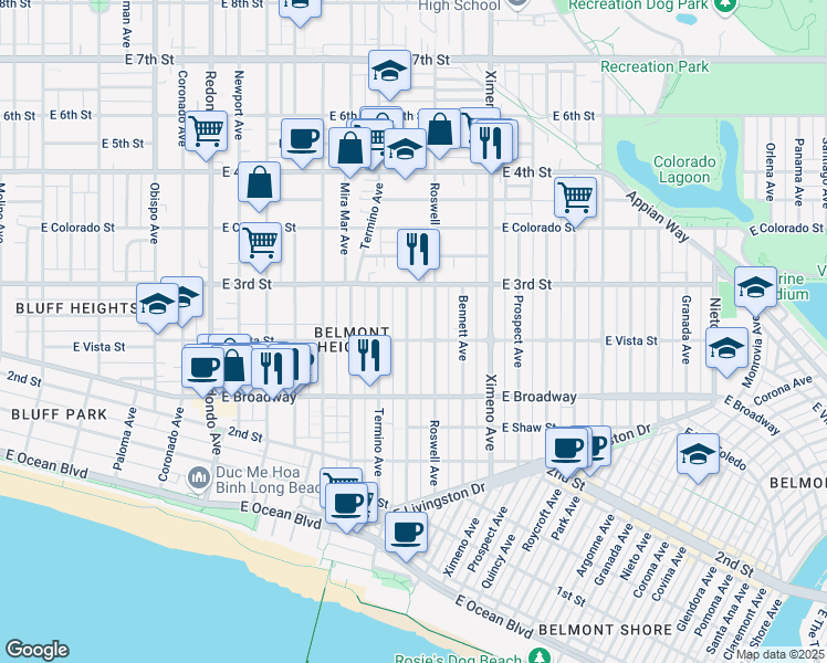 map of restaurants, bars, coffee shops, grocery stores, and more near 254 Belmont Avenue in Long Beach