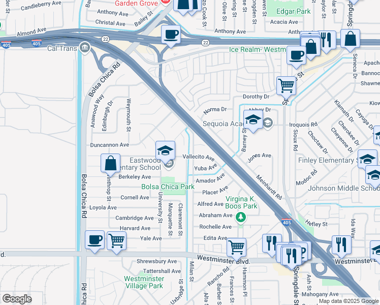 map of restaurants, bars, coffee shops, grocery stores, and more near 13501 Milan Street in Westminster