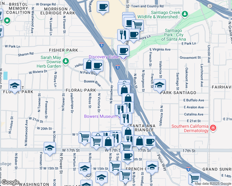 map of restaurants, bars, coffee shops, grocery stores, and more near 2227 North Broadway in Santa Ana