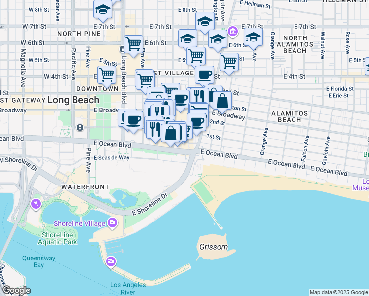 map of restaurants, bars, coffee shops, grocery stores, and more near 707 East Ocean Boulevard in Long Beach