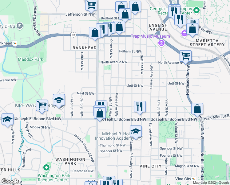 map of restaurants, bars, coffee shops, grocery stores, and more near 859 Neal Street Northwest in Atlanta