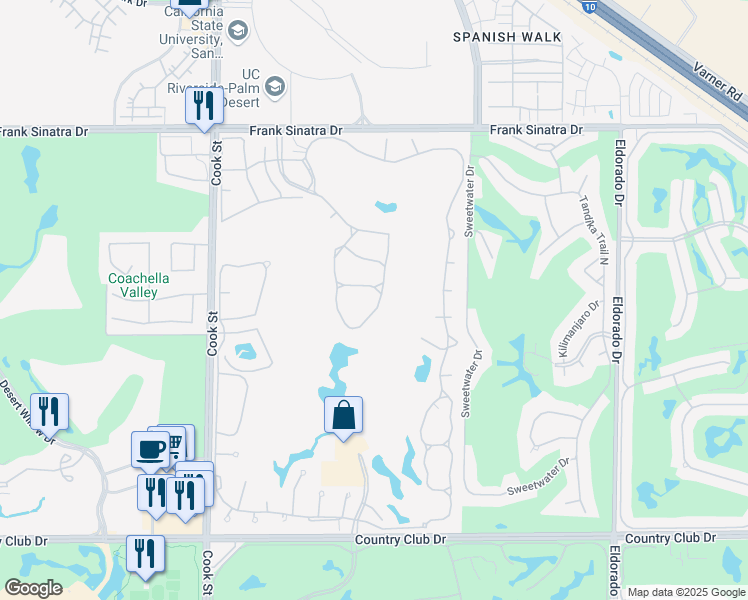 map of restaurants, bars, coffee shops, grocery stores, and more near 249 Vista Royale Circle East in Palm Desert