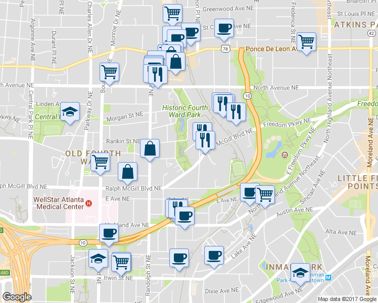 map of restaurants, bars, coffee shops, grocery stores, and more near 693 Angier Avenue Northeast in Atlanta