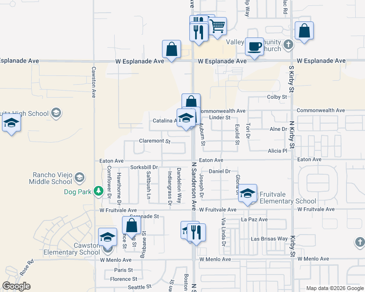 map of restaurants, bars, coffee shops, grocery stores, and more near 3385 Claremont Street in Hemet