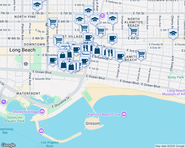 map of restaurants, bars, coffee shops, grocery stores, and more near 907 East Ocean Boulevard in Long Beach