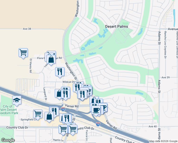 map of restaurants, bars, coffee shops, grocery stores, and more near 38865 Ryans Way in Palm Desert