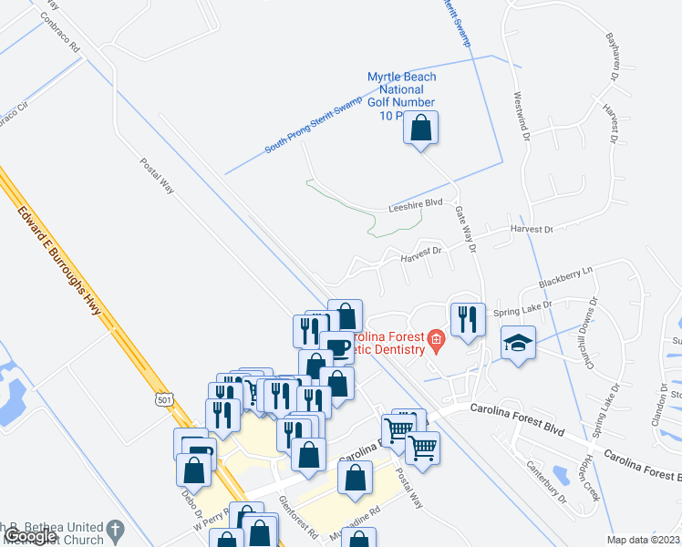 map of restaurants, bars, coffee shops, grocery stores, and more near 5070 Windsor Green Way in Myrtle Beach