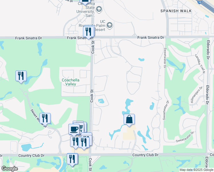 map of restaurants, bars, coffee shops, grocery stores, and more near 705 Vista Lago Circle North in Palm Desert