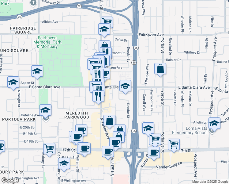 map of restaurants, bars, coffee shops, grocery stores, and more near 2221 North Ponderosa Street in Santa Ana