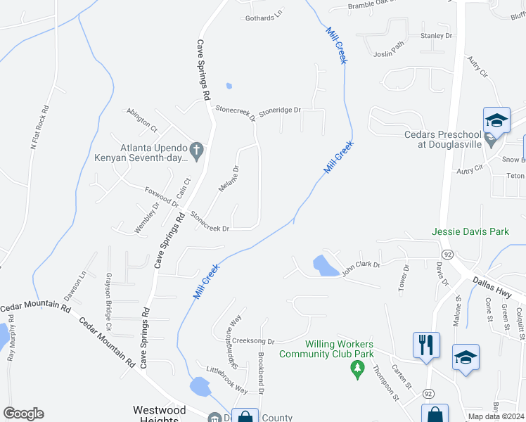 map of restaurants, bars, coffee shops, grocery stores, and more near 7085 Stonecreek Drive in Douglasville