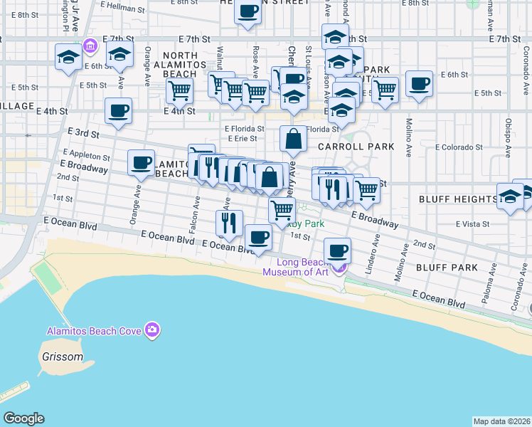 map of restaurants, bars, coffee shops, grocery stores, and more near 1918 2nd Street in Long Beach