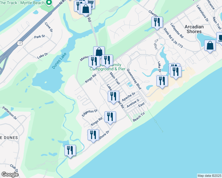 map of restaurants, bars, coffee shops, grocery stores, and more near 584 Apache Drive in Myrtle Beach