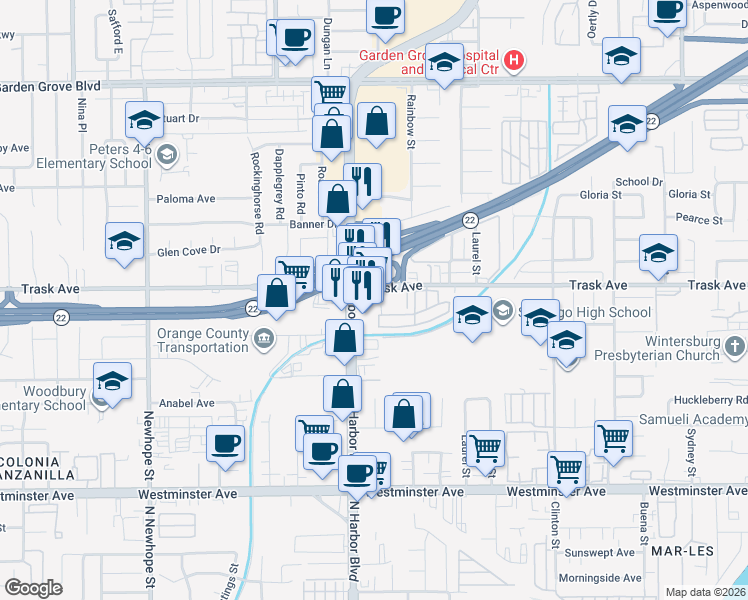 map of restaurants, bars, coffee shops, grocery stores, and more near 13518 Harbor Boulevard in Garden Grove