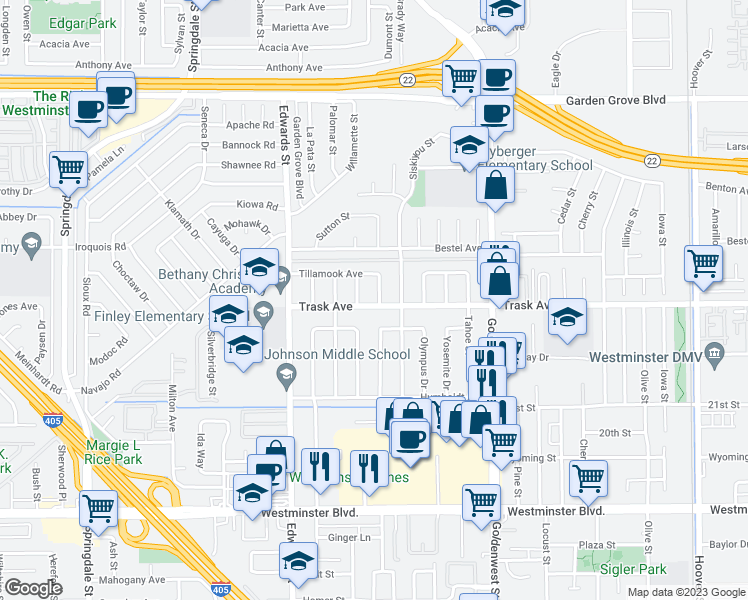 map of restaurants, bars, coffee shops, grocery stores, and more near 6701 Trask Avenue in Westminster